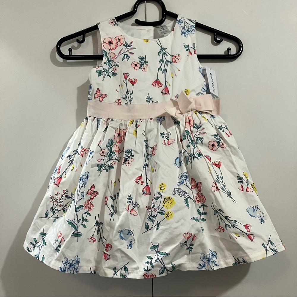 NWT Carter's White Dress with Floral Print and Pink Bow 🎀